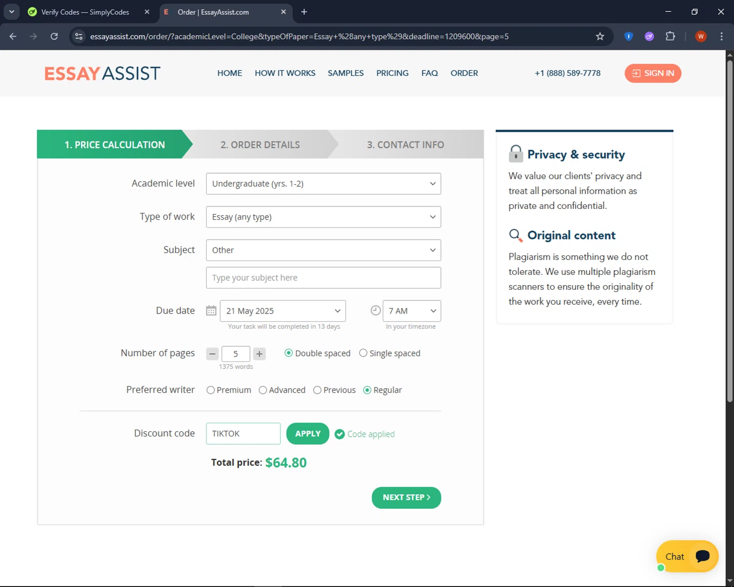 Studybay promo code screenshot showing code TIKTOK applied at Studybay checkout page. Uploaded by SimplyCodes community member CashPro9699 on May 7, 2025