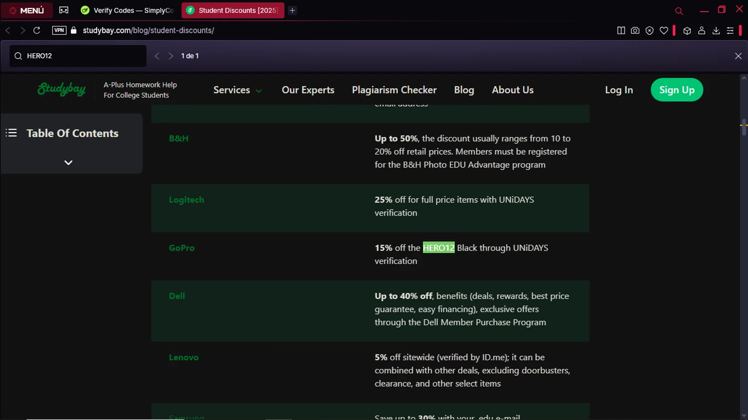Studybay promo code screenshot showing code HERO12 applied at Studybay checkout page. Uploaded by SimplyCodes community member MoneyTitan8787 on Apr 14, 2025