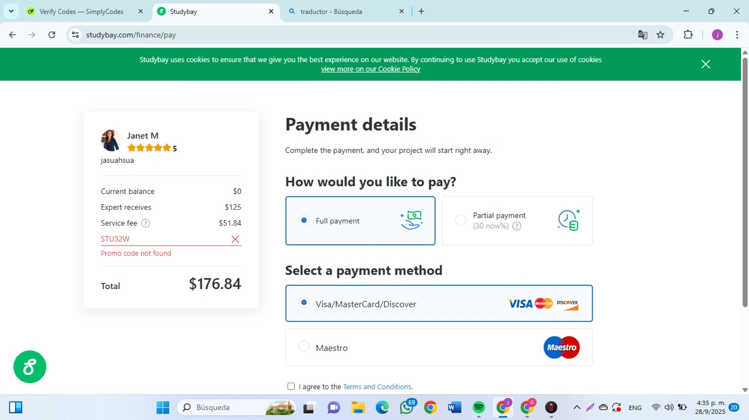 Studybay promo code screenshot showing code STU32W applied at Studybay checkout page. Uploaded by SimplyCodes community member christophersierra on Sep 28, 2025