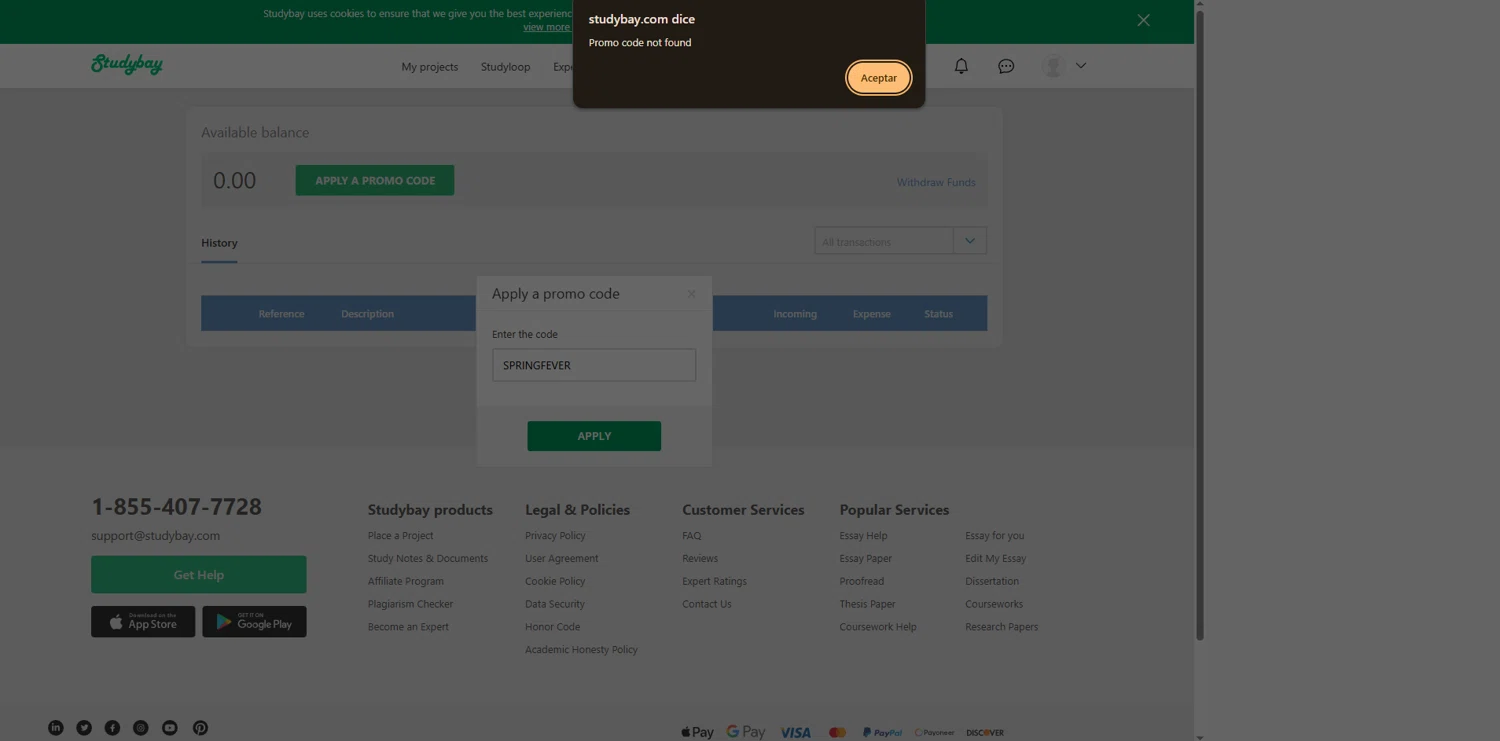 Studybay promo code screenshot showing code SPRINGFEVER applied at Studybay checkout page. Uploaded by SimplyCodes community member DealOwl558 on Dec 4, 2025
