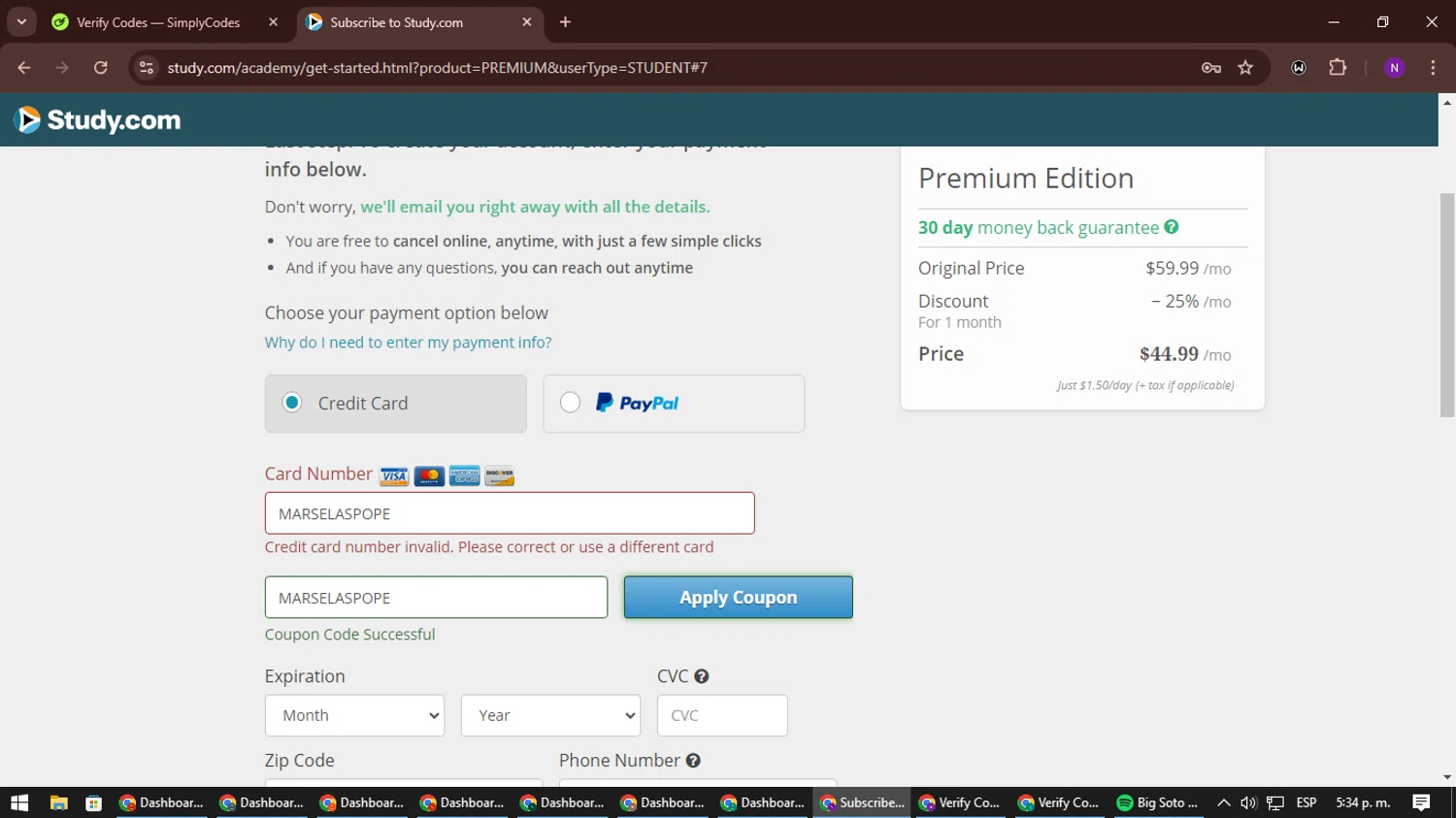 Study.com checkout page showing Study.com coupon code box | Screenshot taken by SimplyCodes community member on Jul 31, 2024