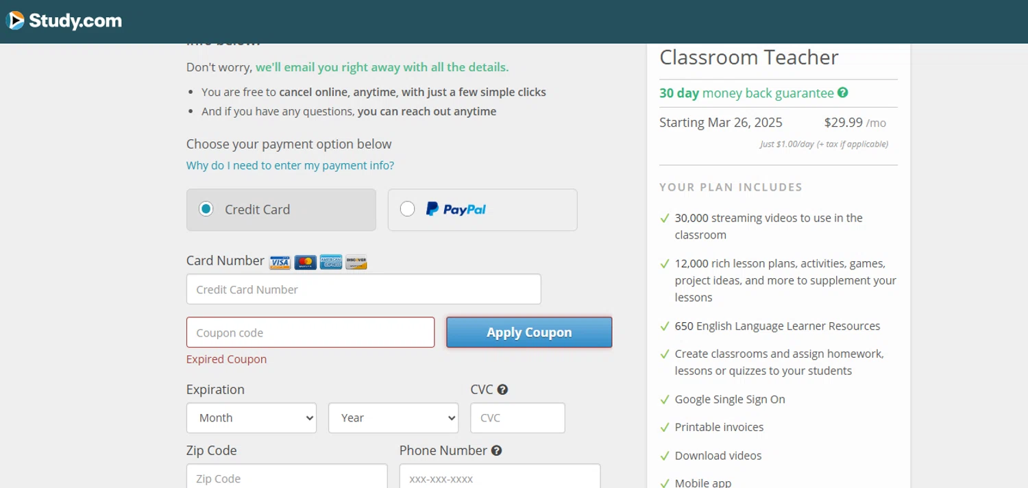 Study.com coupon code screenshot showing code T3Q5UD applied at Study.com checkout page. Uploaded by SimplyCodes community member ArizaJuan on Mar 26, 2025