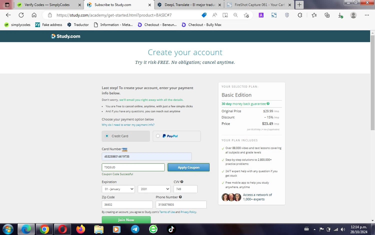 Study.com checkout page showing Study.com coupon code box | Screenshot taken by SimplyCodes community member on Oct 28, 2024