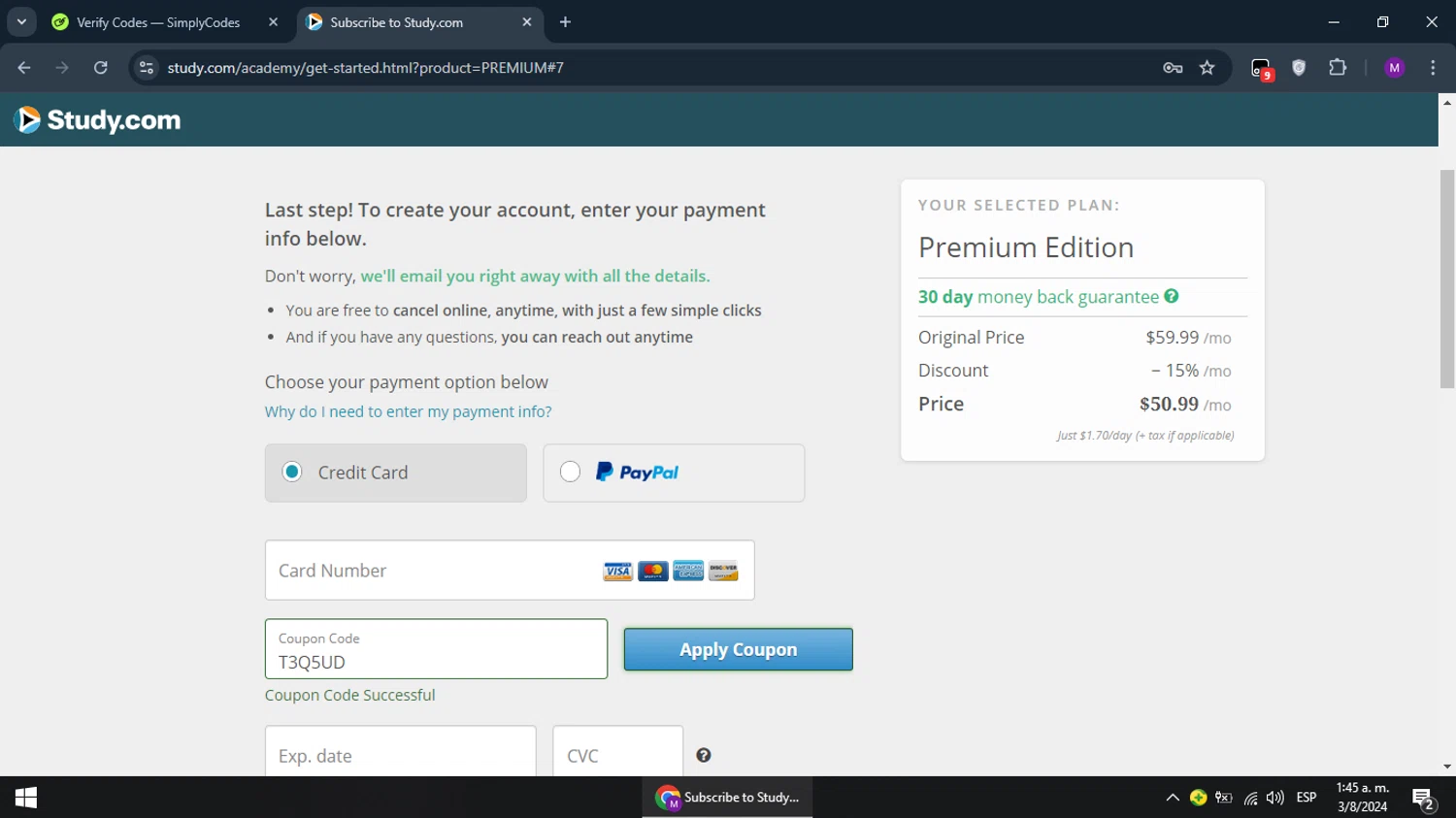 Study.com checkout page showing Study.com coupon code box | Screenshot taken by SimplyCodes community member on Aug 3, 2024