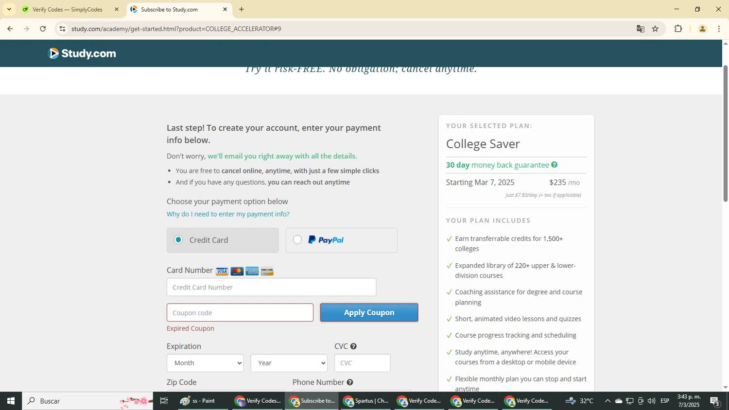 Study.com coupon code screenshot showing code T3Q5UD applied at Study.com checkout page. Uploaded by SimplyCodes community member YutakaH0shin0 on Mar 7, 2025