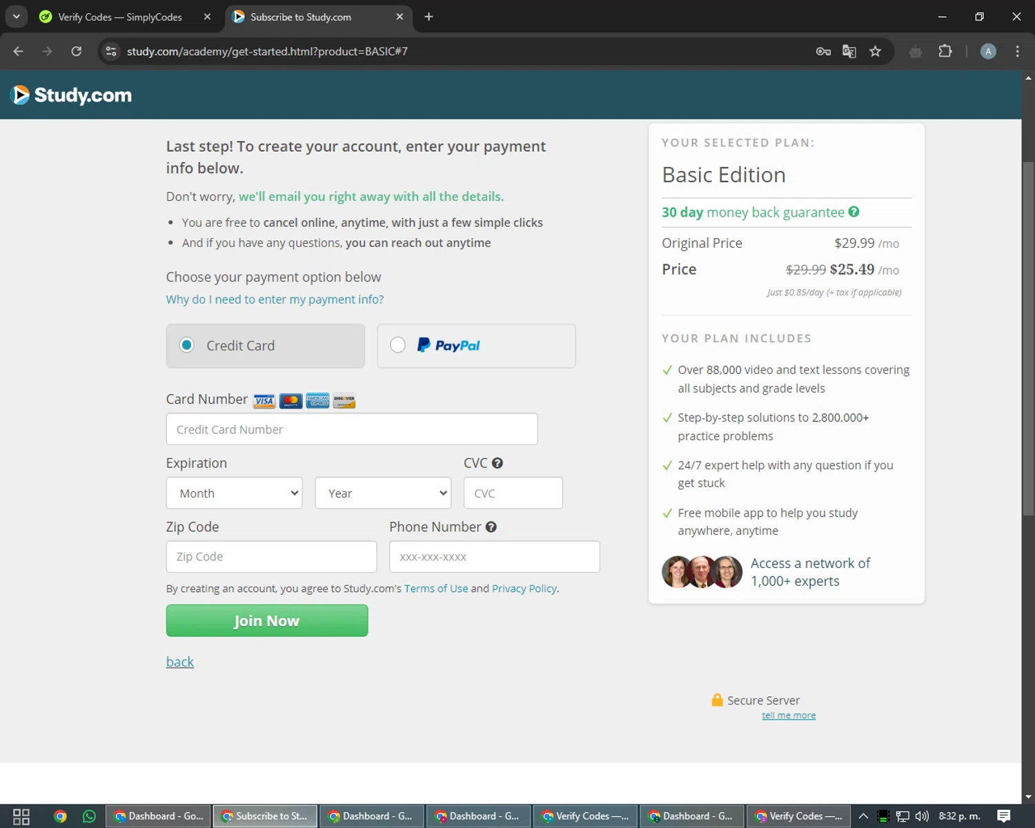 Study.com checkout page showing Study.com coupon code box | Screenshot taken by SimplyCodes community member on Oct 9, 2024