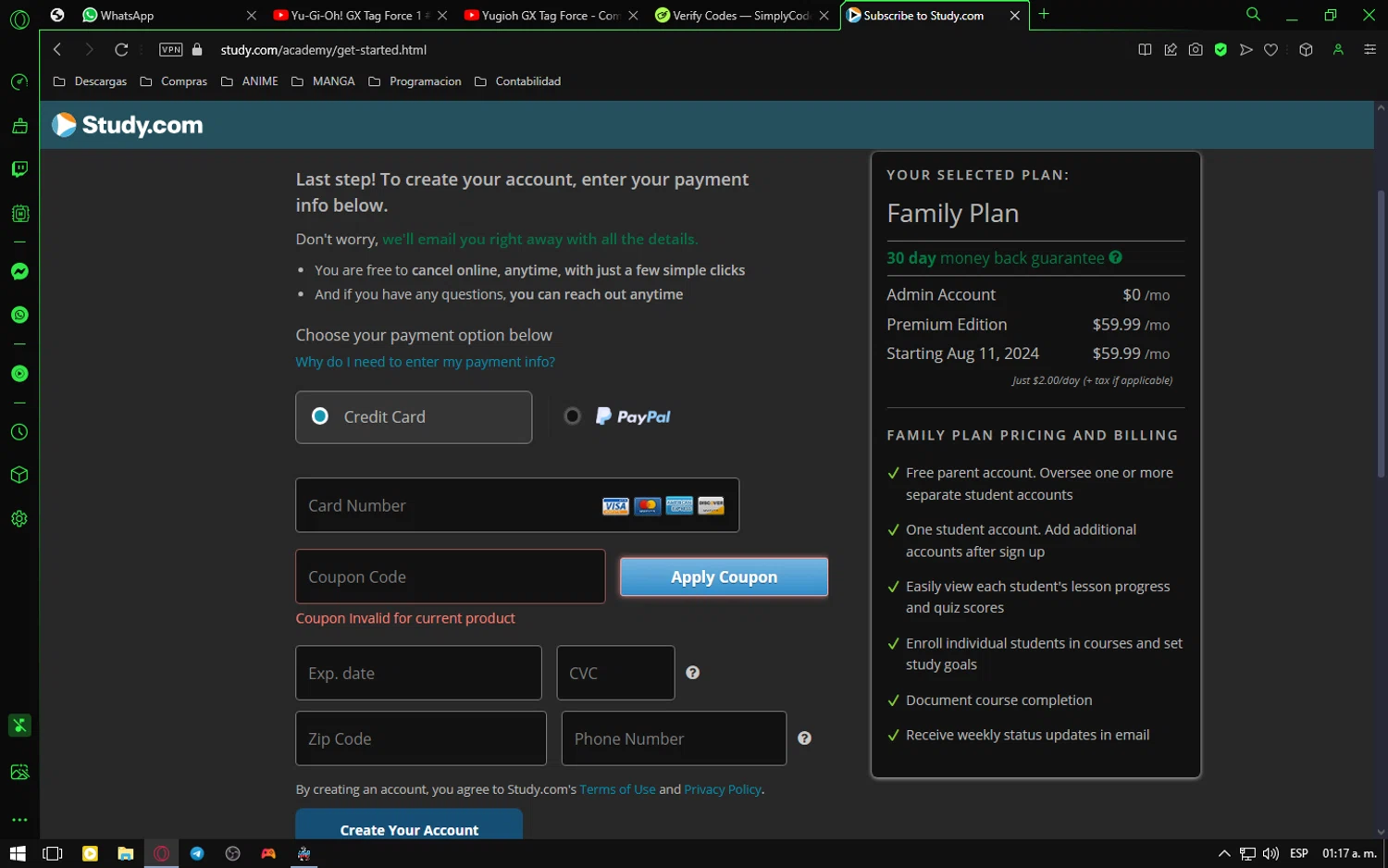 Study.com checkout page showing Study.com coupon code box | Screenshot taken by SimplyCodes community member on Aug 11, 2024