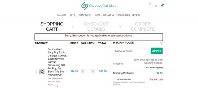 Stunning Gift Store checkout page showing Stunning Gift Store discount code box | Screenshot taken by SimplyCodes community member on Jan 28, 2025