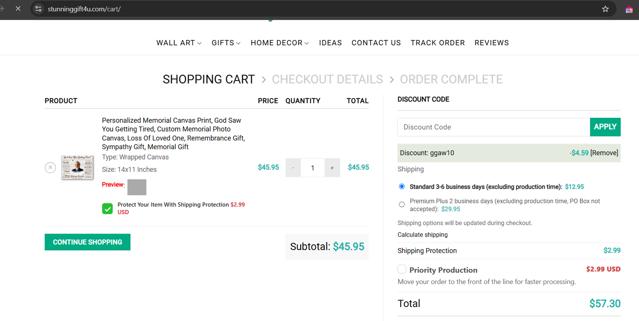Stunning Gift Store checkout page showing Stunning Gift Store discount code box | Screenshot taken by SimplyCodes community member on Apr 17, 2025
