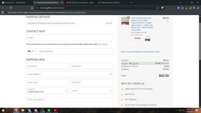 Stunning Gift Store checkout page showing Stunning Gift Store discount code box | Screenshot taken by SimplyCodes community member on Jun 22, 2025