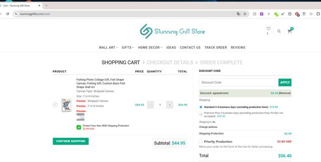 Stunning Gift Store checkout page showing Stunning Gift Store discount code box | Screenshot taken by SimplyCodes community member on Apr 12, 2025