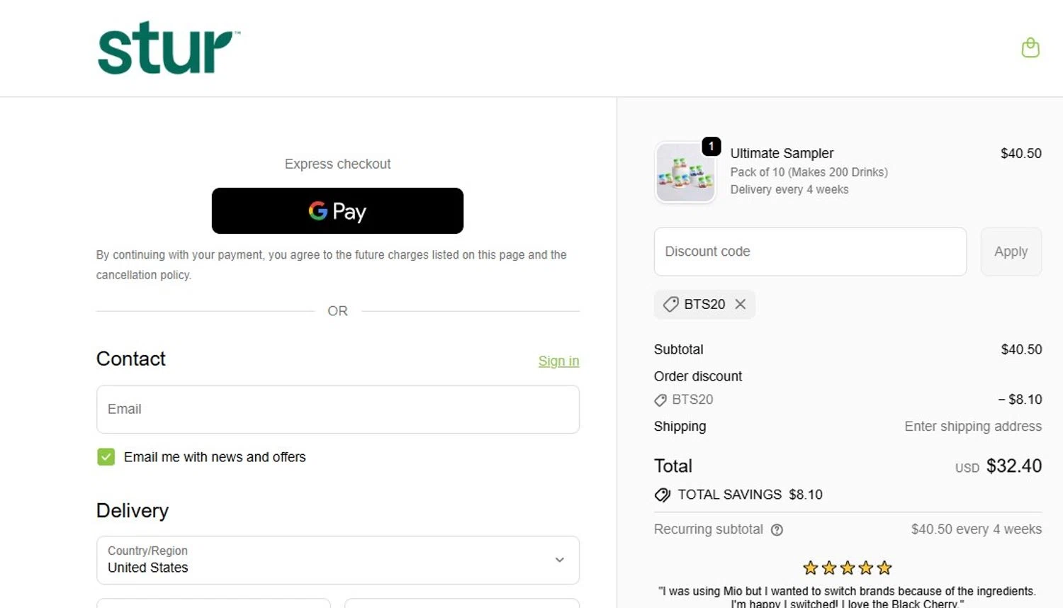 Stur Drinks discount code screenshot showing code BTS20 applied at Stur Drinks checkout page. Uploaded by SimplyCodes community member FortunateScholar5901 on Oct 15, 2025