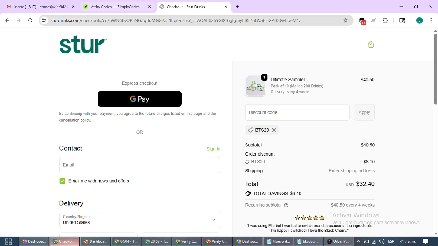 Stur Drinks discount code screenshot showing code BTS20 applied at Stur Drinks checkout page. Uploaded by SimplyCodes community member SavvyCurator1770 on Dec 6, 2025