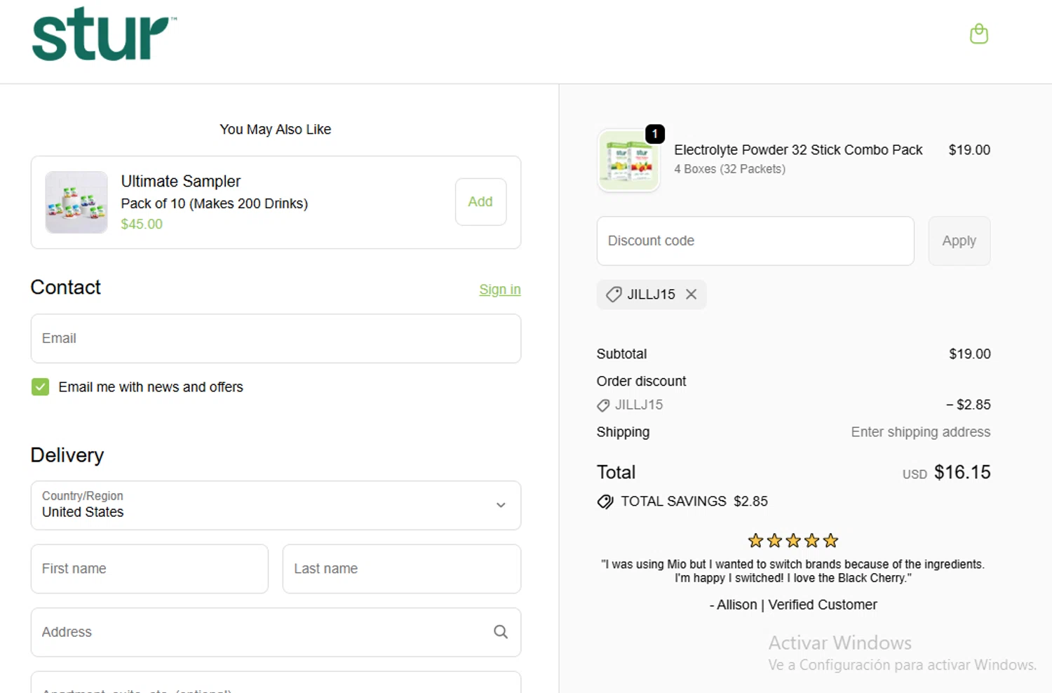 Stur Drinks discount code screenshot showing code JILLJ15 applied at Stur Drinks checkout page. Uploaded by SimplyCodes community member ligthYA on Oct 28, 2025