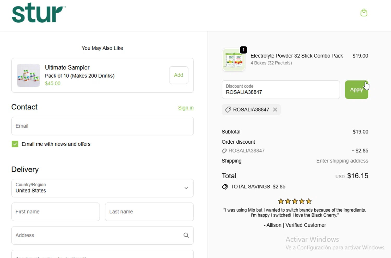 Stur Drinks discount code screenshot showing code ROSALIA38847 applied at Stur Drinks checkout page. Uploaded by SimplyCodes community member ligthYA on Oct 28, 2025