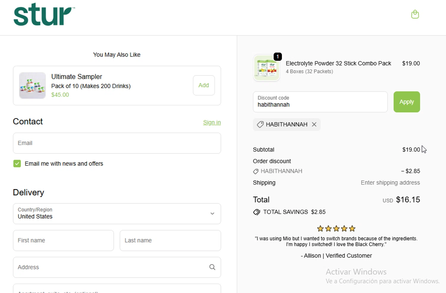 Stur Drinks discount code screenshot showing code habithannah applied at Stur Drinks checkout page. Uploaded by SimplyCodes community member ligthYA on Oct 28, 2025