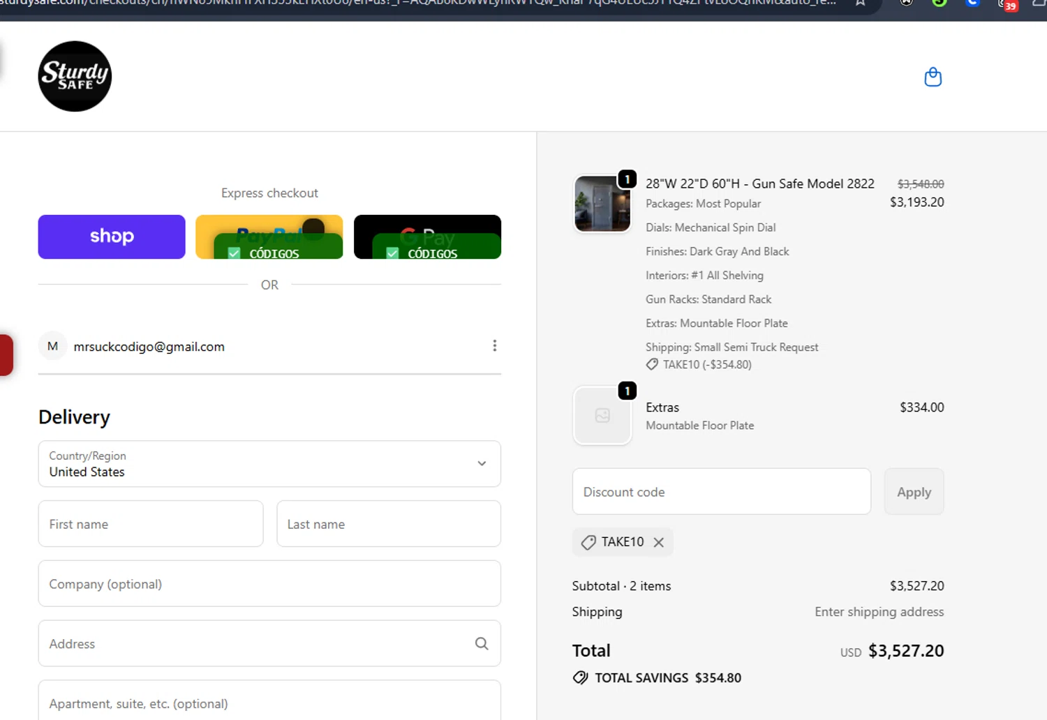 Sturdy Gun Safe promo code screenshot showing code TAKE10 applied at Sturdy Gun Safe checkout page. Uploaded by SimplyCodes community member Jmhernand1 on Jan 29, 2026