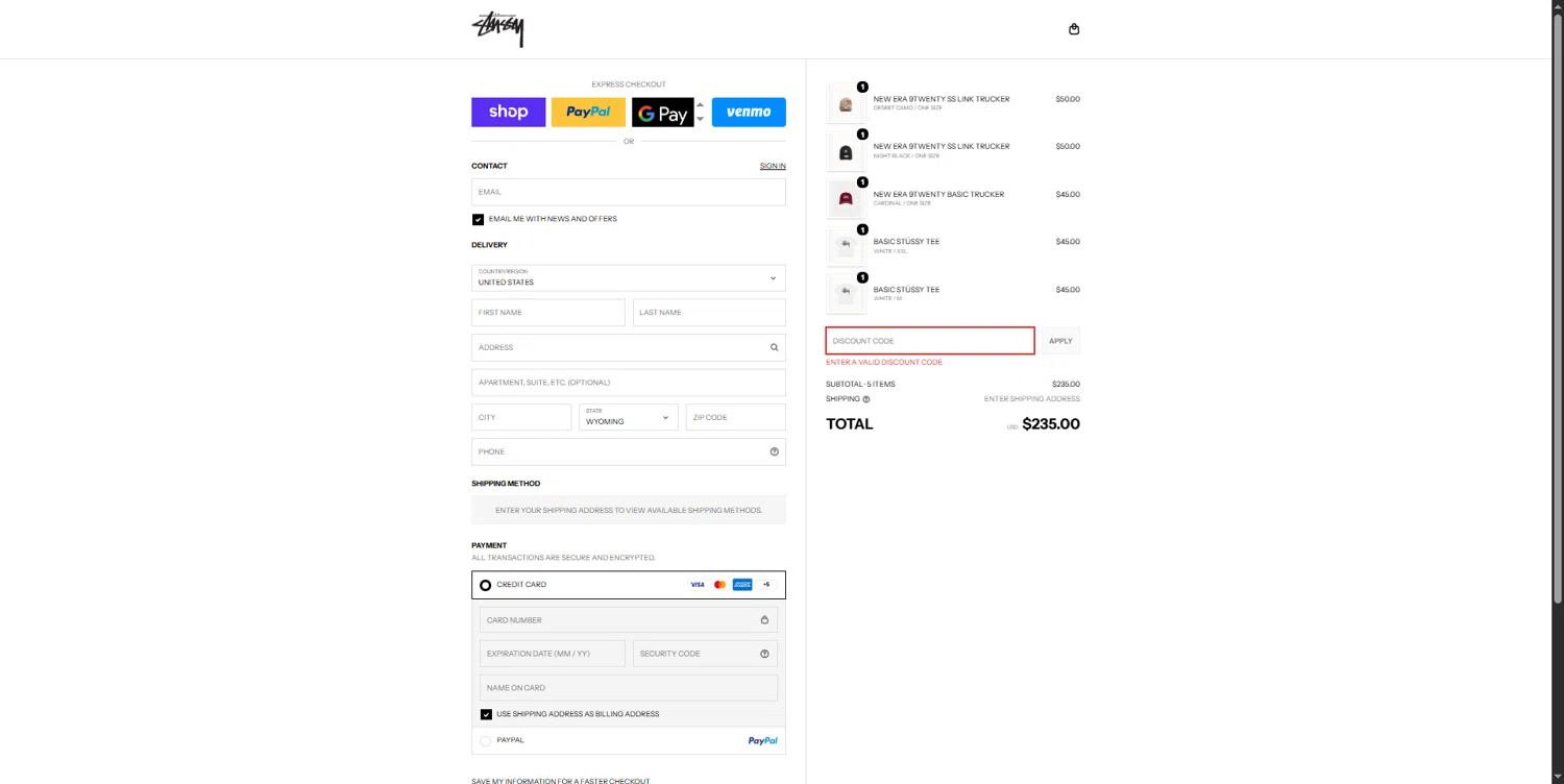 Stussy discount code screenshot showing code S5 applied at Stussy checkout page. Uploaded by SimplyCodes community member MightyMaverick3143 on Feb 16, 2026