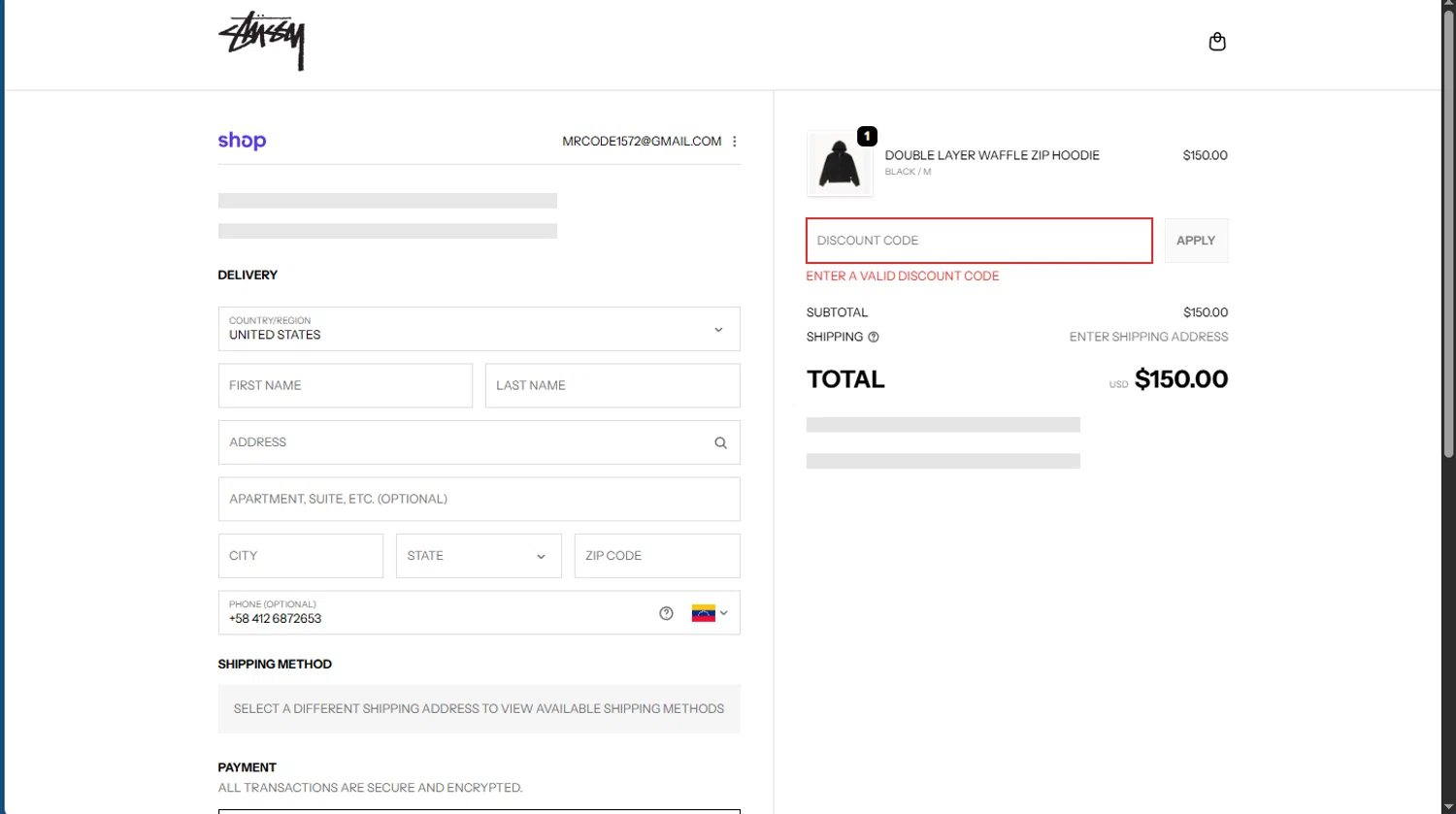 Stussy discount code screenshot showing code S5 applied at Stussy checkout page. Uploaded by SimplyCodes community member TokioMiller on Dec 26, 2025