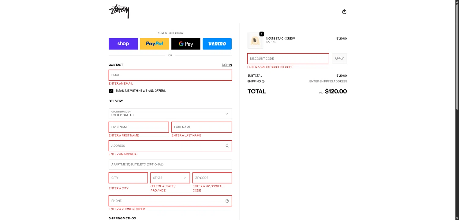 Stussy discount code screenshot showing code S5 applied at Stussy checkout page. Uploaded by SimplyCodes community member VictoriousFinder4393 on Feb 16, 2026