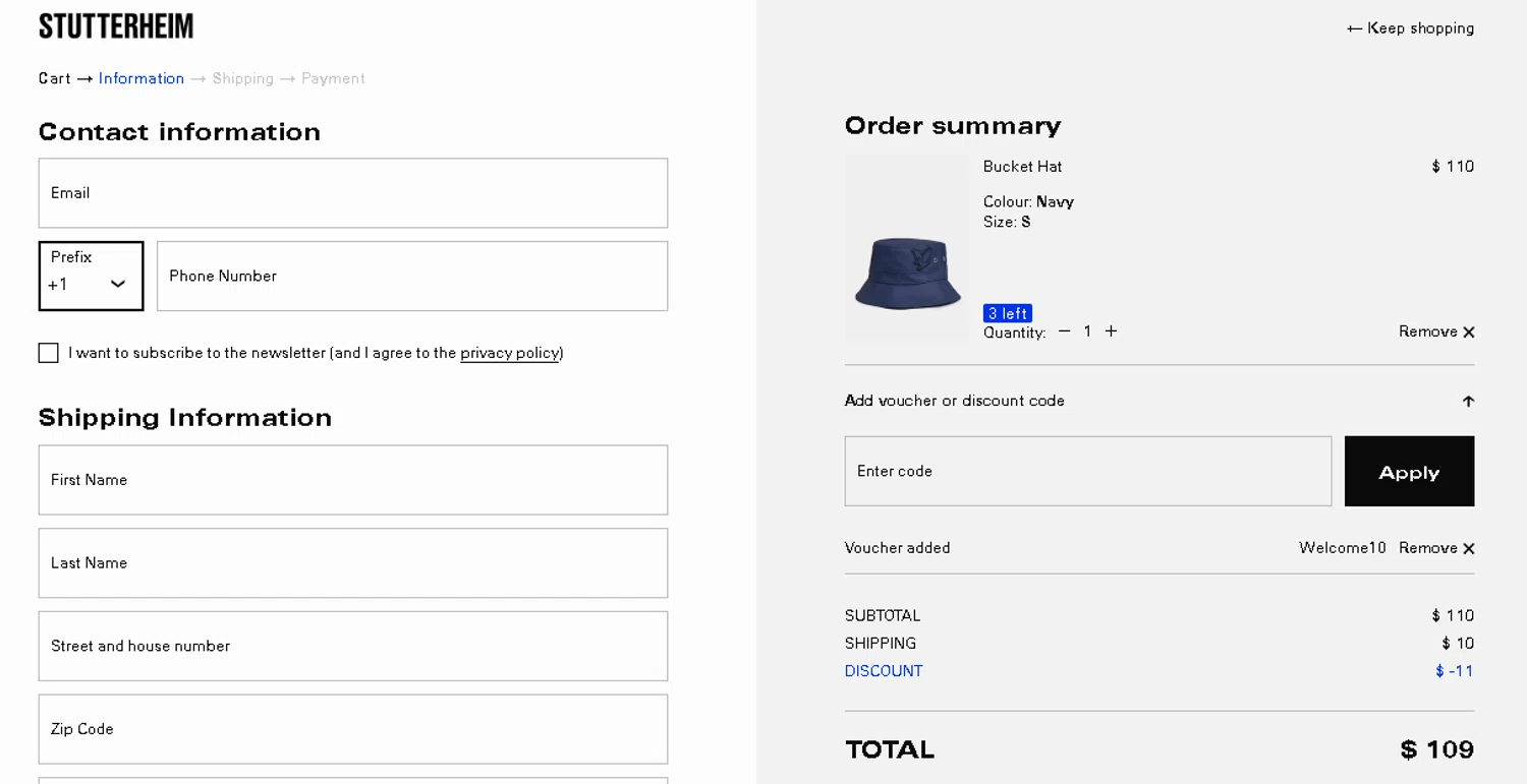 STUTTERHEIM discount code screenshot showing code WELCOME10 applied at STUTTERHEIM checkout page. Uploaded by SimplyCodes community member DRINKI on Nov 5, 2025