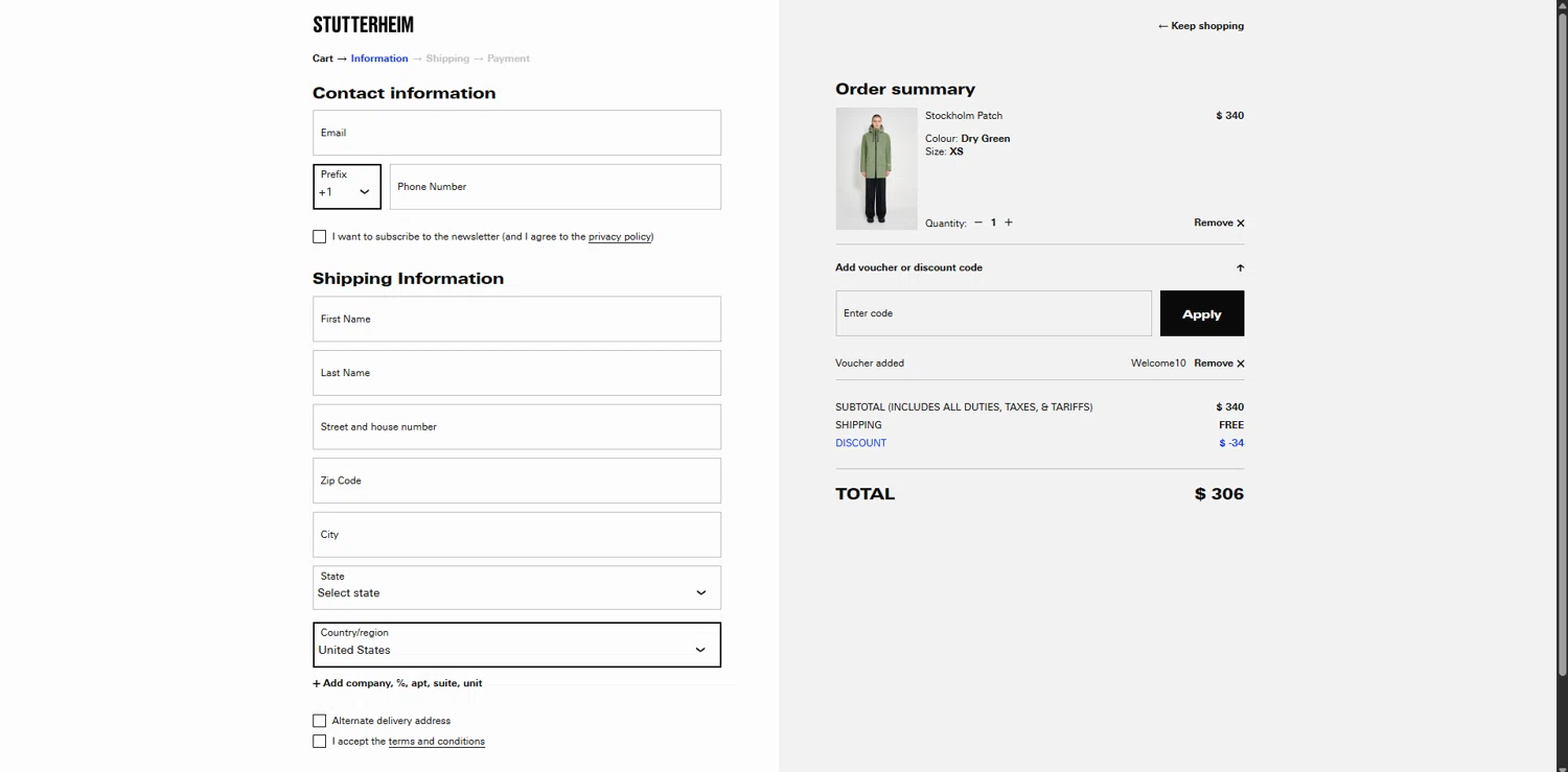 STUTTERHEIM discount code screenshot showing code WELCOME10 applied at STUTTERHEIM checkout page. Uploaded by SimplyCodes community member FortunateSeeker4672 on Jan 23, 2026