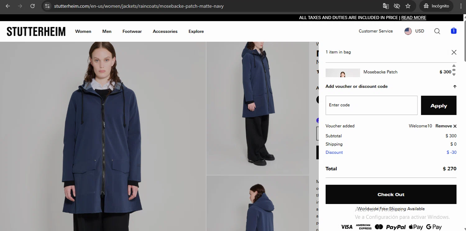 STUTTERHEIM discount code screenshot showing code WELCOME10 applied at STUTTERHEIM checkout page. Uploaded by SimplyCodes community member UchihaMadara on Oct 7, 2025