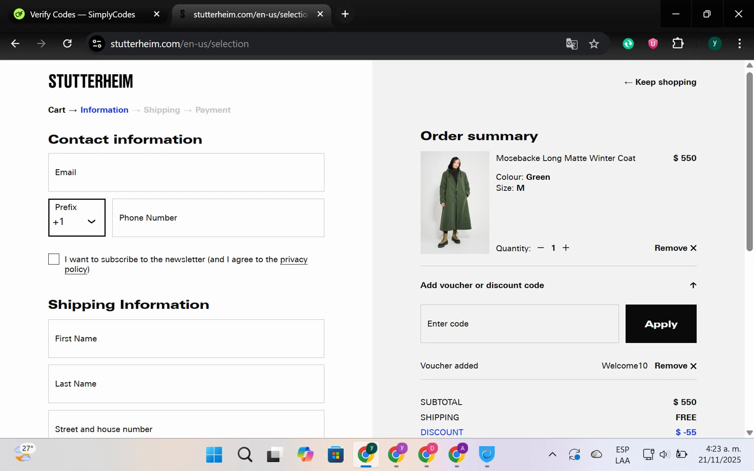 STUTTERHEIM discount code screenshot showing code WELCOME10 applied at STUTTERHEIM checkout page. Uploaded by SimplyCodes community member chespi on Nov 21, 2025