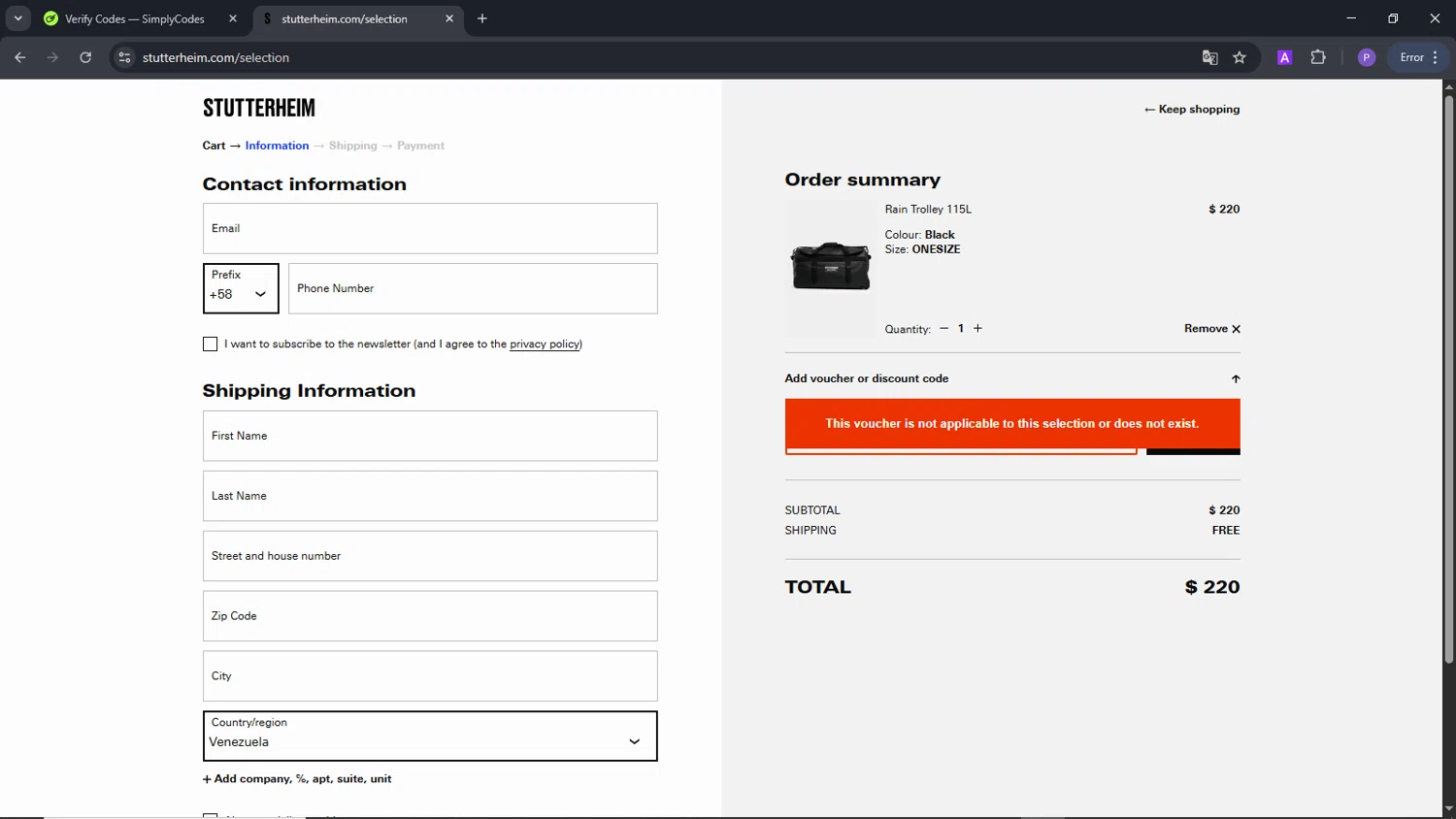STUTTERHEIM discount code screenshot showing code EXTRA10 applied at STUTTERHEIM checkout page. Uploaded by SimplyCodes community member Santiagotremont on Aug 27, 2025