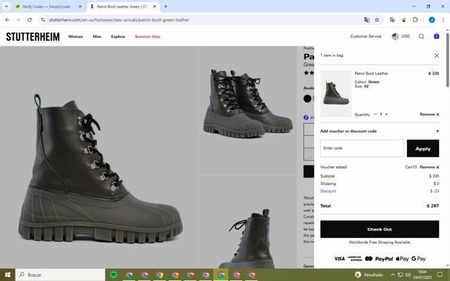 STUTTERHEIM checkout page showing STUTTERHEIM discount code box | Screenshot taken by SimplyCodes community member on Jul 24, 2025