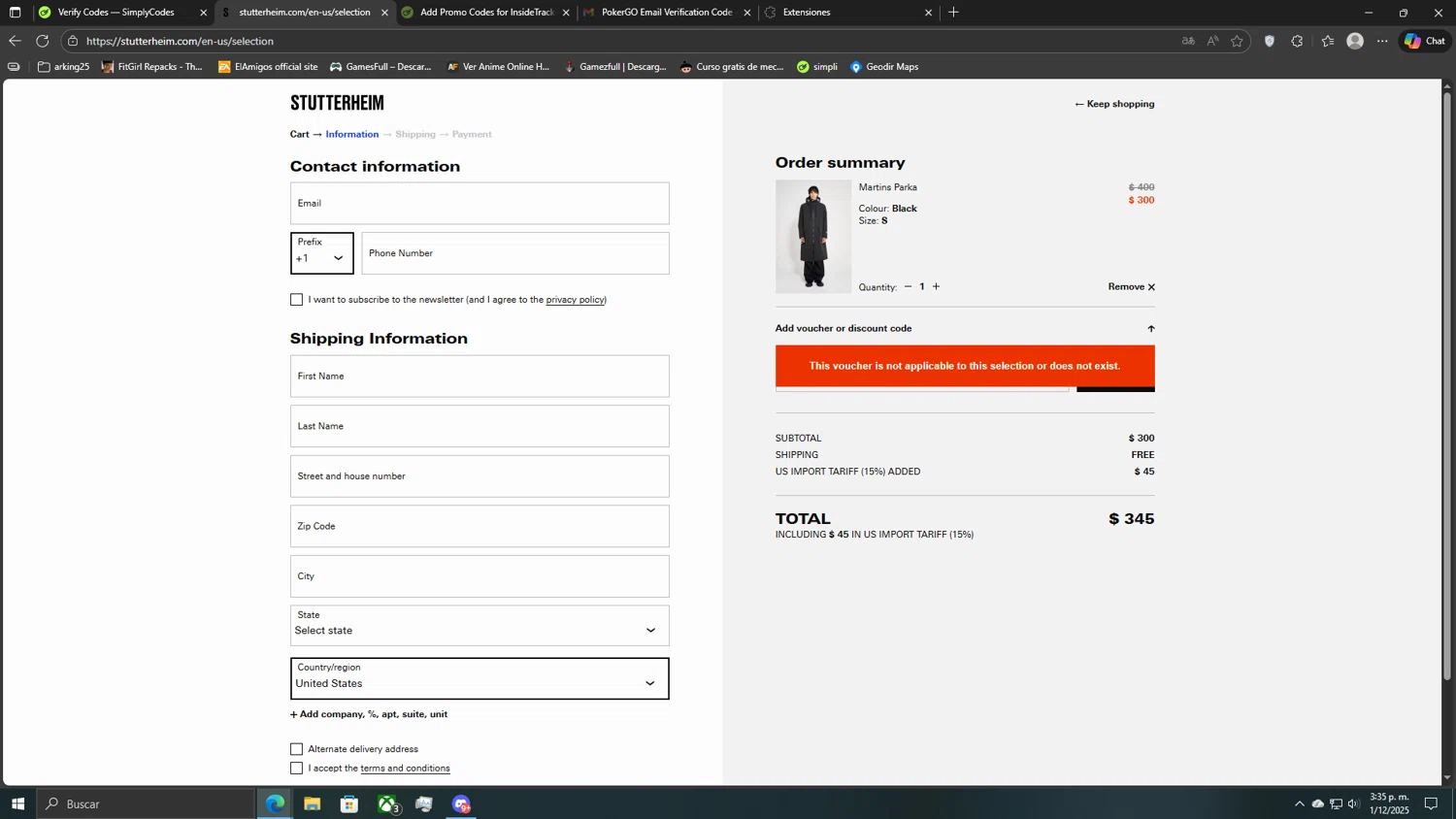 STUTTERHEIM discount code screenshot showing code MAKEITYOURS15 applied at STUTTERHEIM checkout page. Uploaded by SimplyCodes community member CoinLegend5168 on Dec 1, 2025
