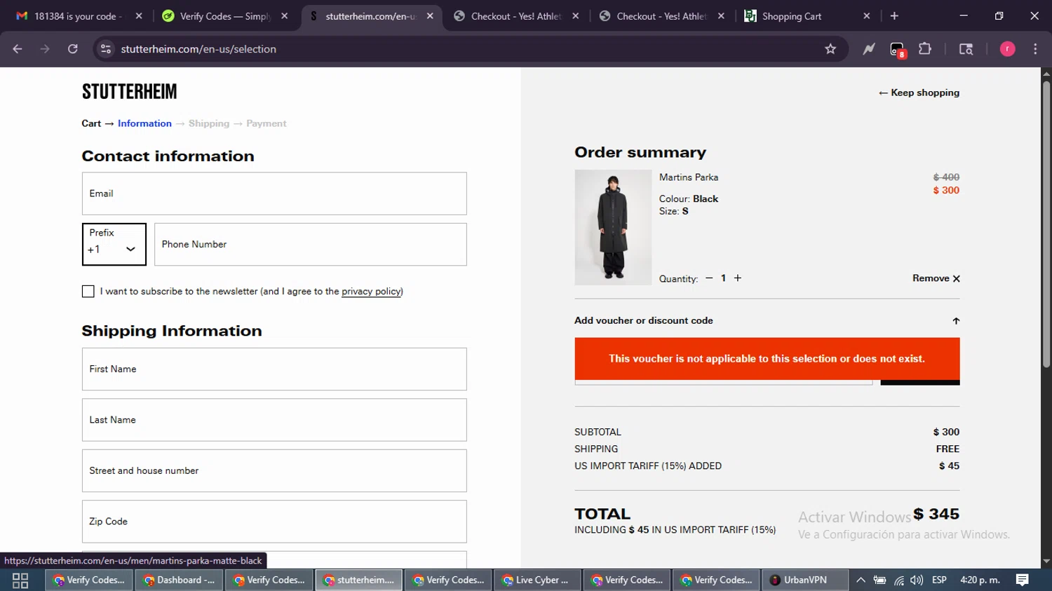 STUTTERHEIM discount code screenshot showing code MAKEITYOURS15 applied at STUTTERHEIM checkout page. Uploaded by SimplyCodes community member WisePro3739 on Dec 1, 2025