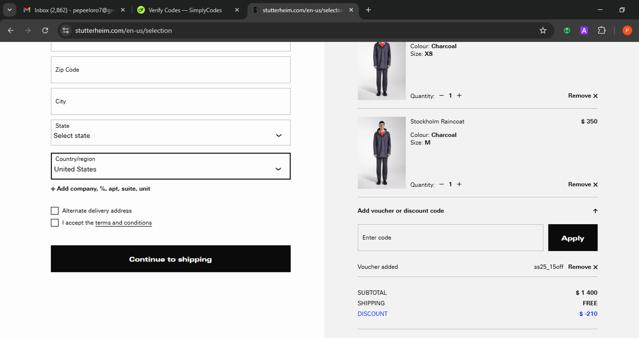 STUTTERHEIM checkout page showing STUTTERHEIM discount code box | Screenshot taken by SimplyCodes community member on Jul 8, 2025