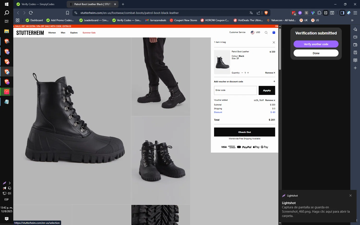 STUTTERHEIM discount code screenshot showing code ss25_15off applied at STUTTERHEIM checkout page. Uploaded by SimplyCodes community member ilarrazaM2 on Aug 12, 2025