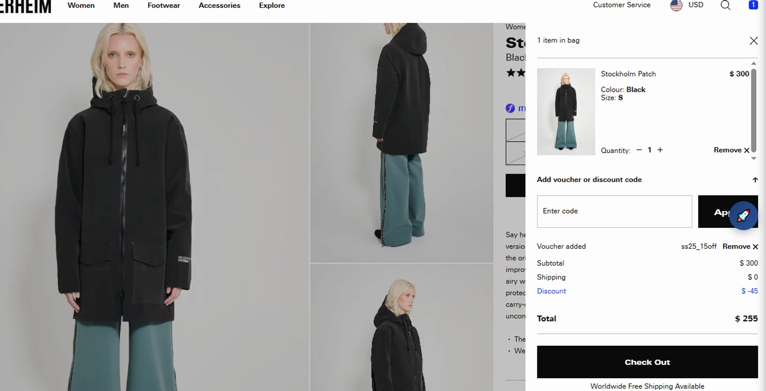 STUTTERHEIM discount code screenshot showing code ss25_15off applied at STUTTERHEIM checkout page. Uploaded by SimplyCodes community member joanromero on Nov 5, 2025