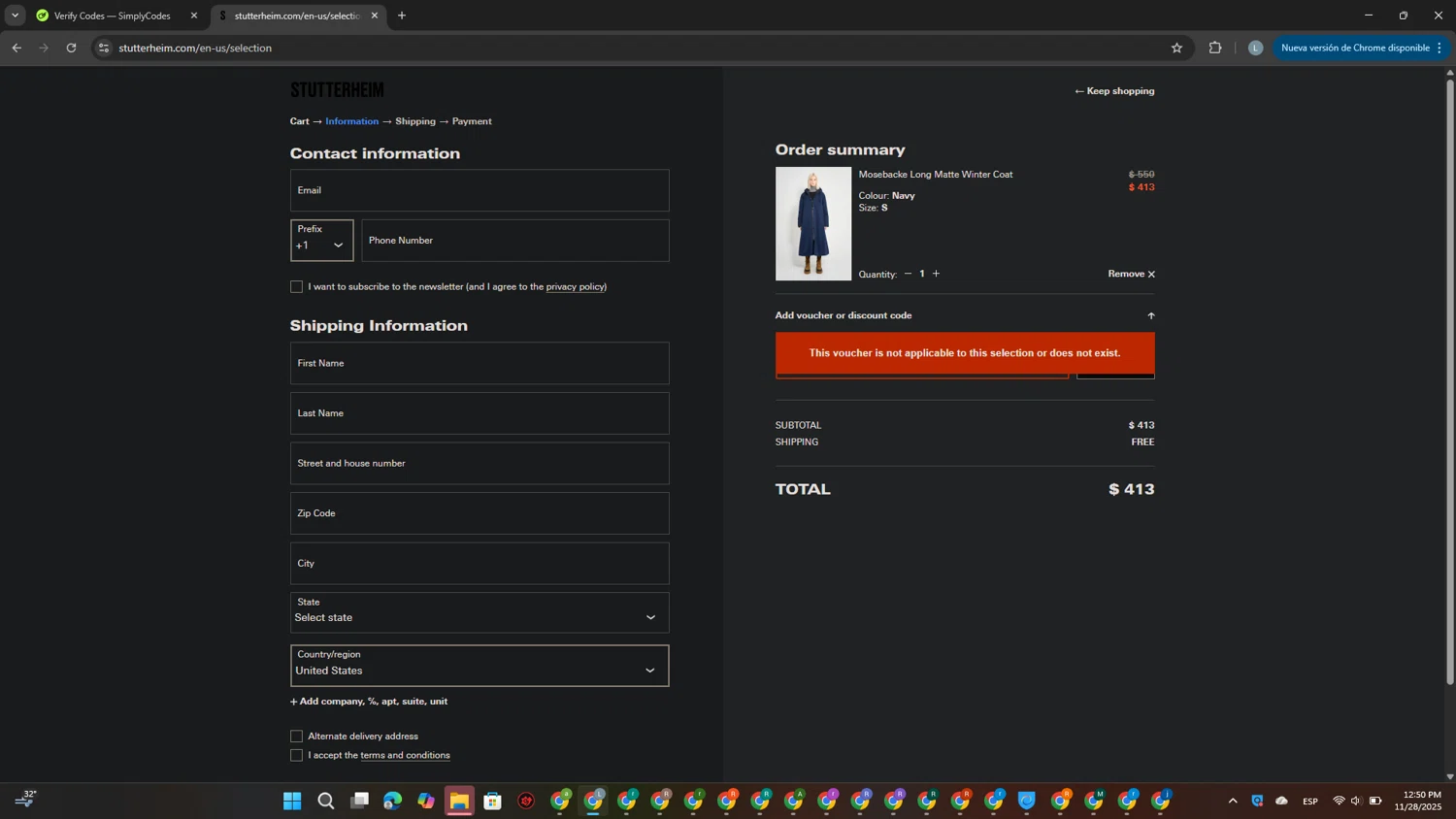 STUTTERHEIM discount code screenshot showing code PREACCESS25 applied at STUTTERHEIM checkout page. Uploaded by SimplyCodes community member USERR1 on Nov 28, 2025