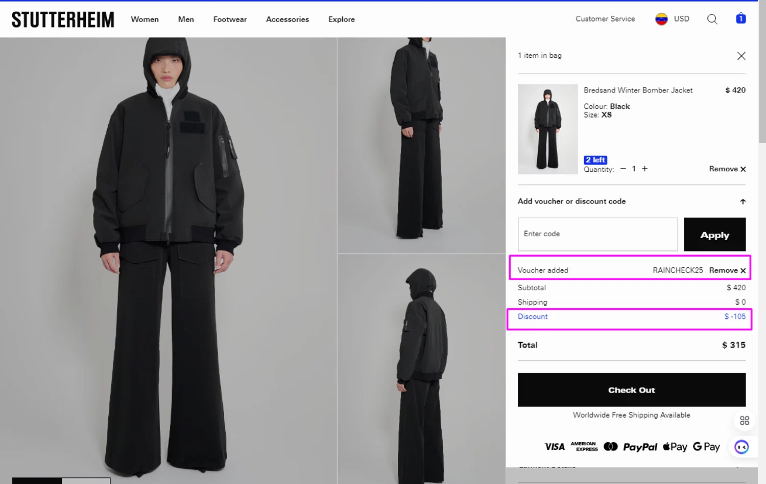 STUTTERHEIM discount code screenshot showing code RAINCHECK25 applied at STUTTERHEIM checkout page. Uploaded by SimplyCodes community member AlejandraSarmiento on Dec 6, 2025