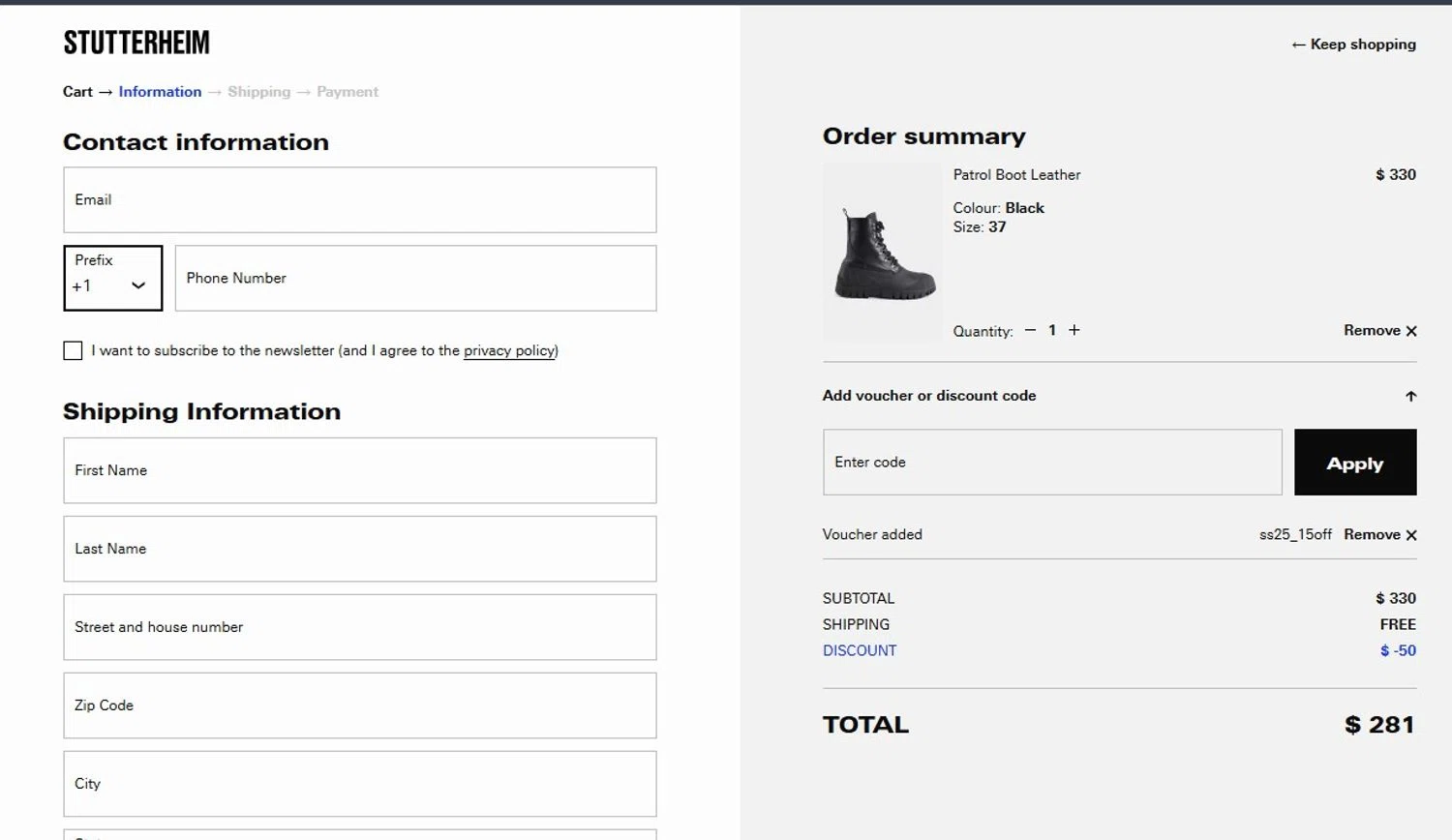 STUTTERHEIM discount code screenshot showing code ss25_15off applied at STUTTERHEIM checkout page. Uploaded by SimplyCodes community member angelfigueroa2008 on Aug 12, 2025
