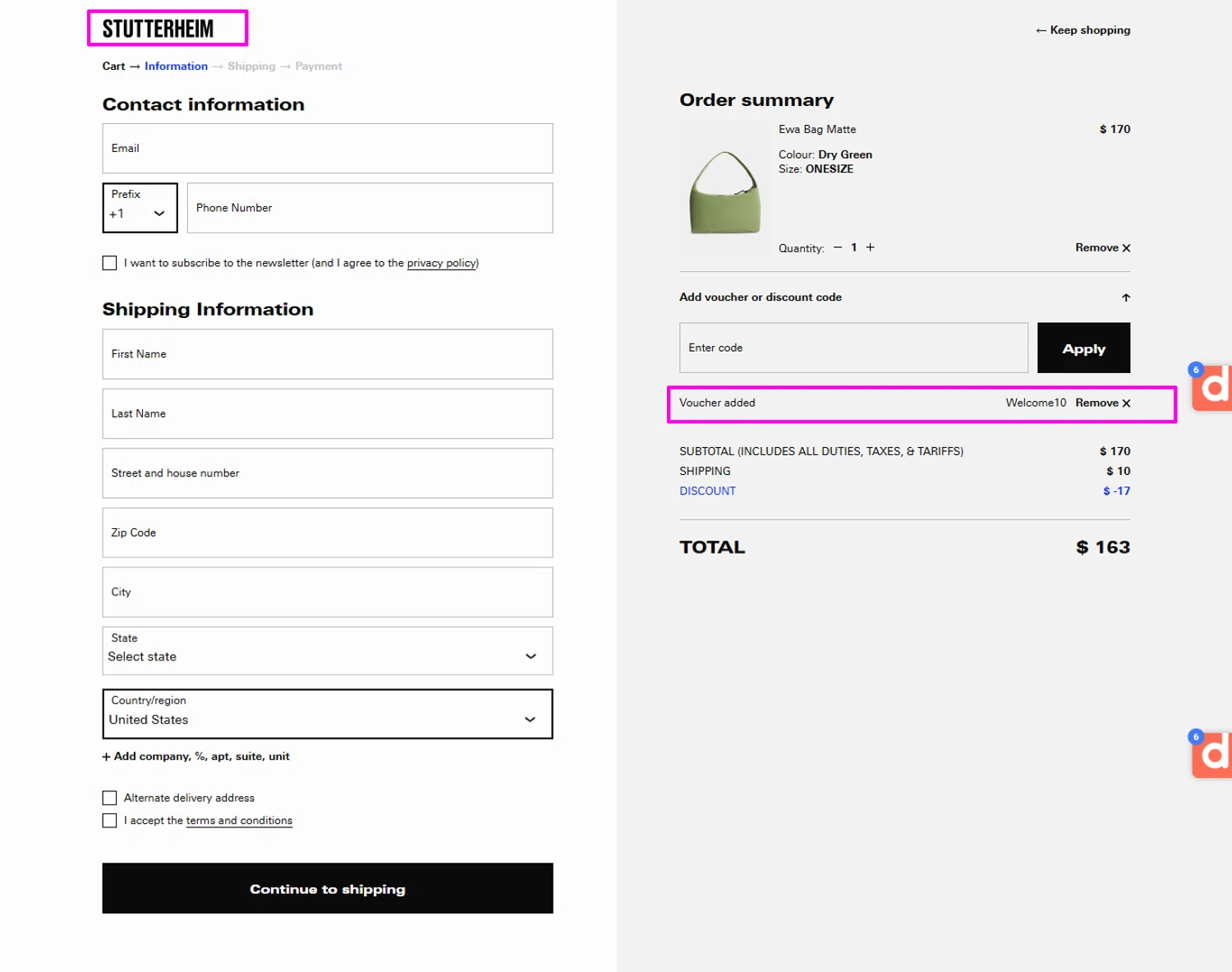 STUTTERHEIM discount code screenshot showing code WELCOME10 applied at STUTTERHEIM checkout page. Uploaded by SimplyCodes community member mrdarcy on Jan 23, 2026