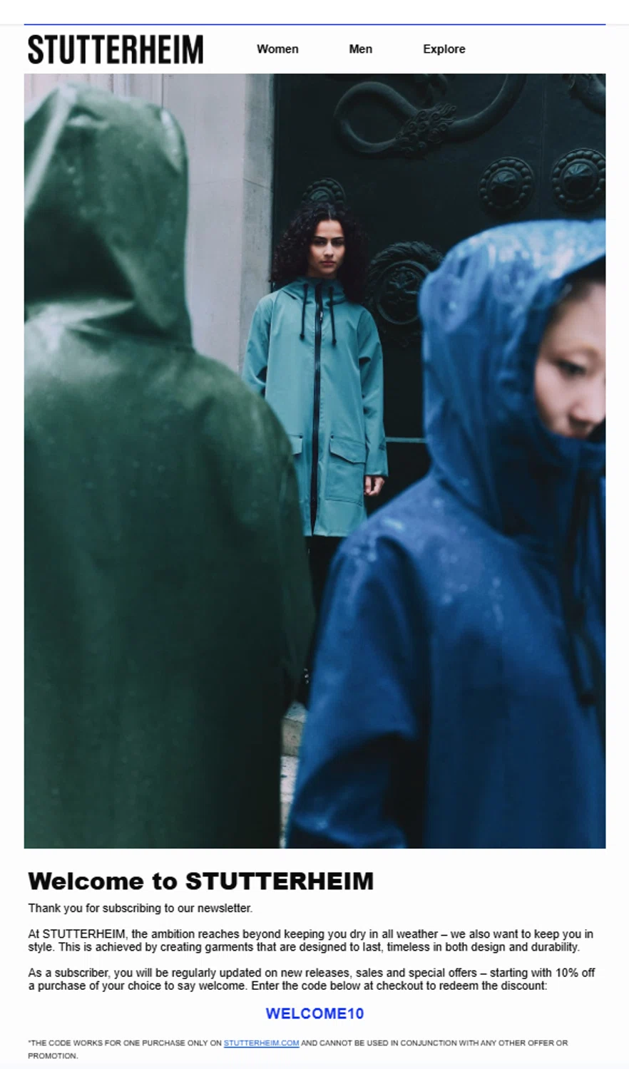 STUTTERHEIM discount code screenshot showing code WELCOME10 applied at STUTTERHEIM checkout page. Uploaded by SimplyCodes community member valeriaantonieta on Jan 4, 2026