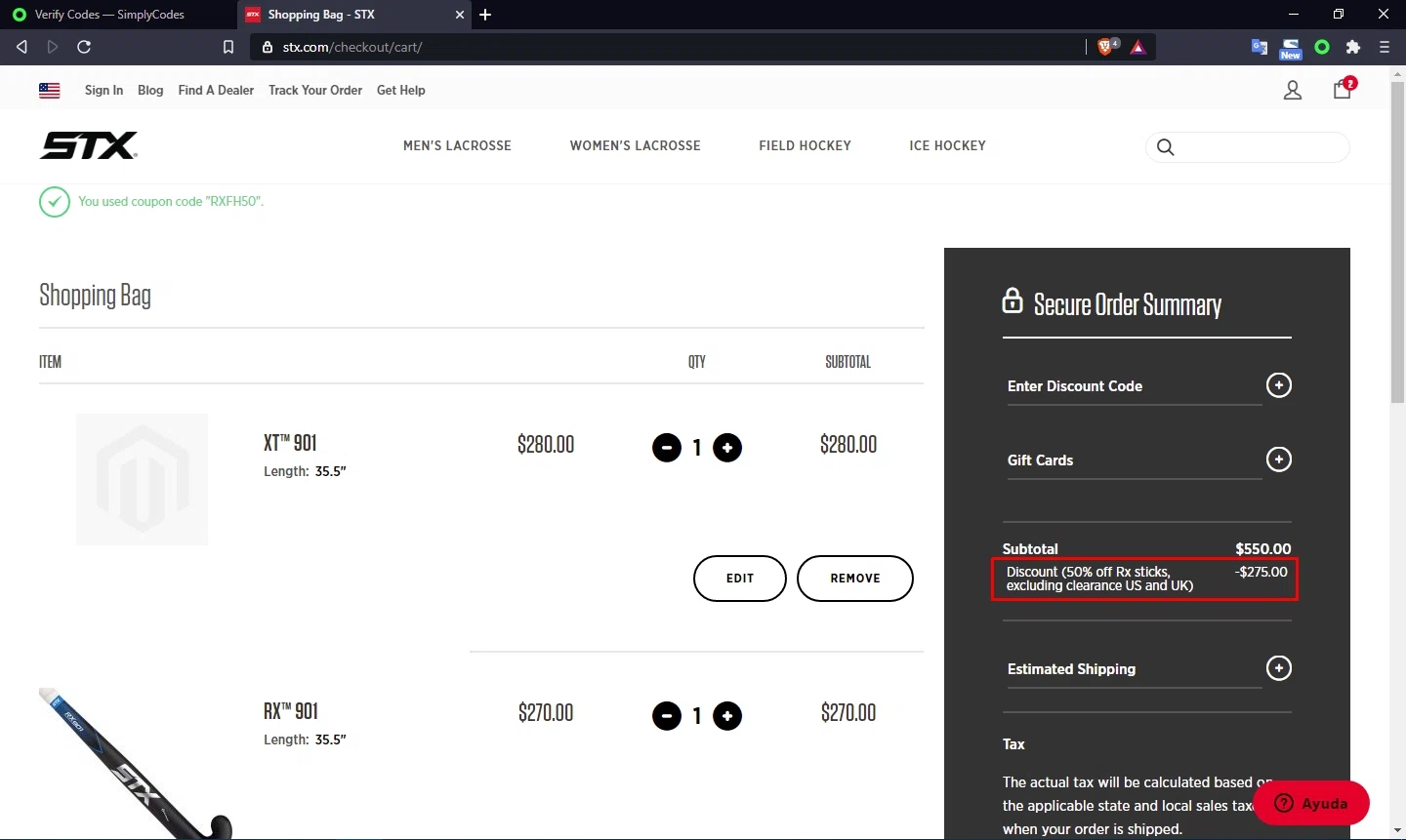 STX checkout page showing STX discount code box | Screenshot taken by SimplyCodes community member on Feb 11, 2021