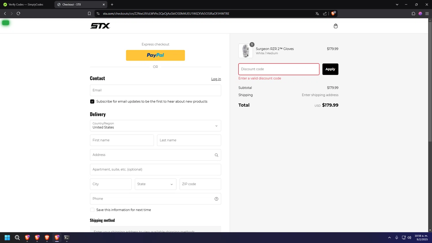 STX discount code screenshot showing code stx10 applied at STX checkout page. Uploaded by SimplyCodes community member usercod909090 on Feb 9, 2025
