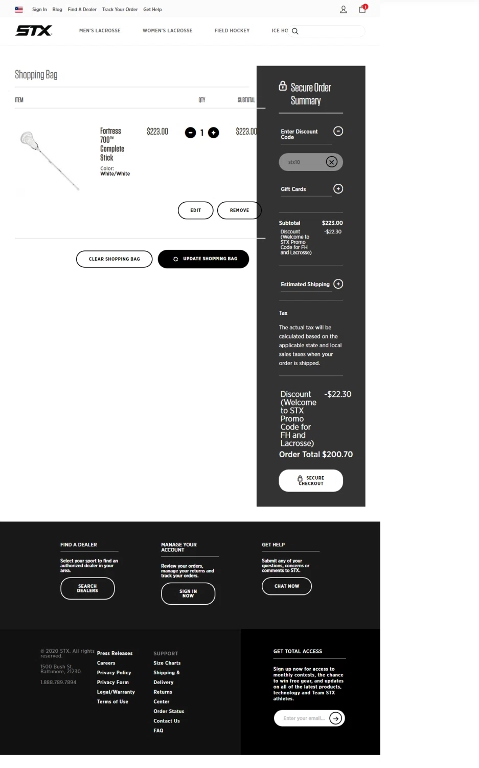 STX checkout page showing STX discount code box | Screenshot taken by SimplyCodes community member on Sep 8, 2020