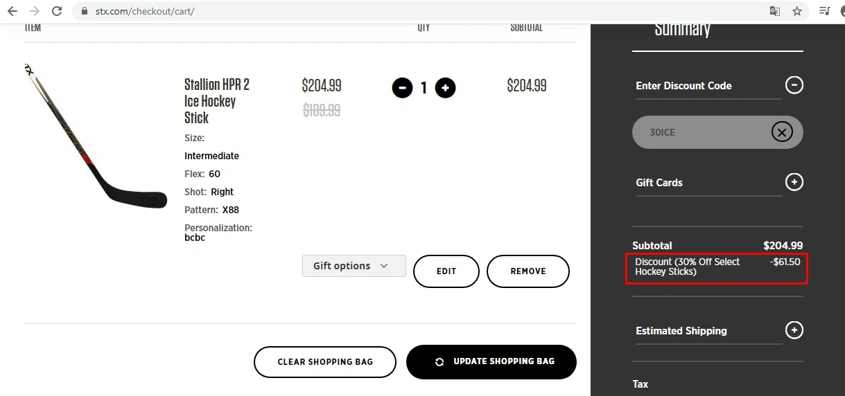 STX checkout page showing STX discount code box | Screenshot taken by SimplyCodes community member on Dec 10, 2020