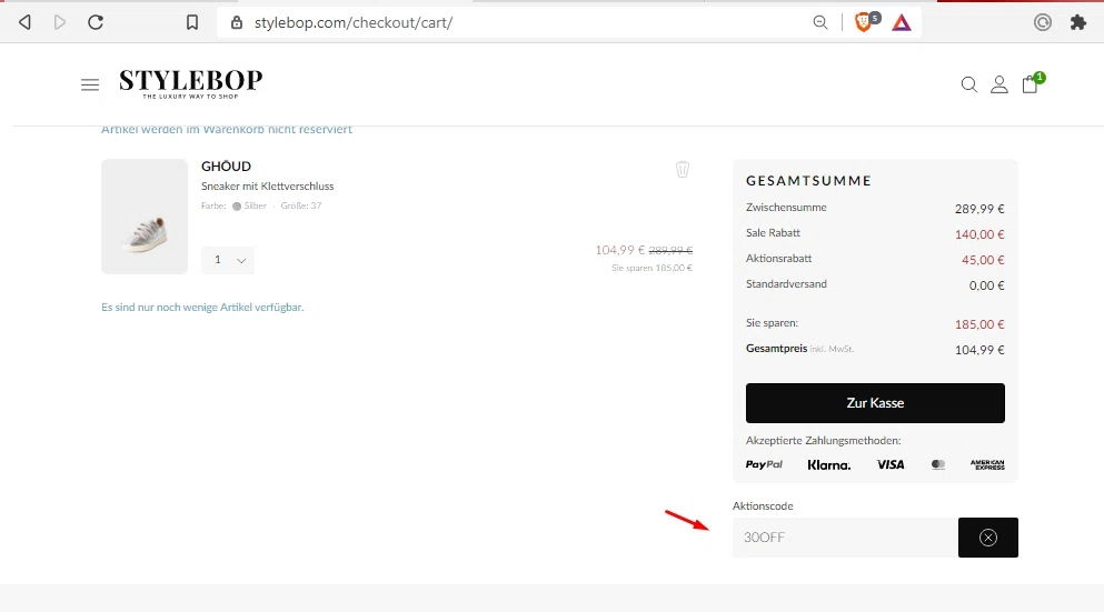 Stylebop.com checkout page showing Stylebop.com promo code box | Screenshot taken by SimplyCodes community member on Feb 26, 2021