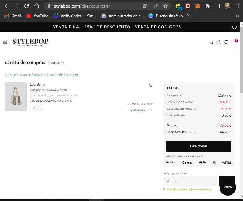 Stylebop.com checkout page showing Stylebop.com promo code box | Screenshot taken by SimplyCodes community member on Aug 25, 2022