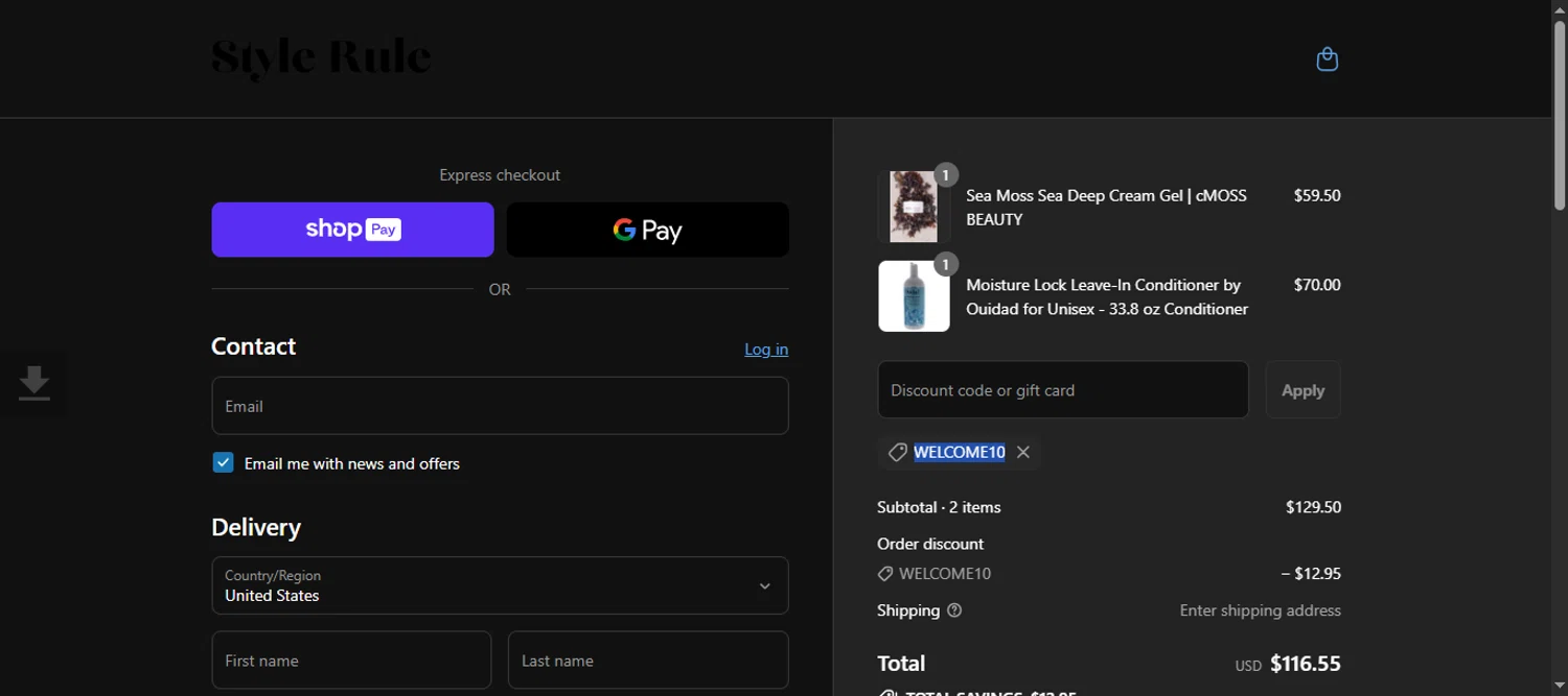 Style Rule discount code screenshot showing code WELCOME10 applied at Style Rule checkout page. Uploaded by SimplyCodes community member 111111 on Aug 14, 2025