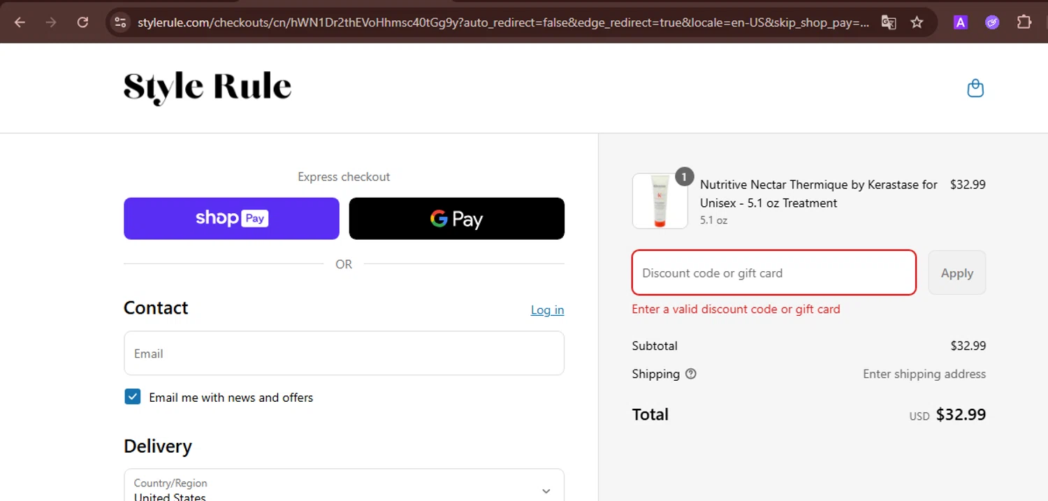 Style Rule discount code screenshot showing code STYLE15 applied at Style Rule checkout page. Uploaded by SimplyCodes community member TreasureScout5082 on Jul 30, 2025