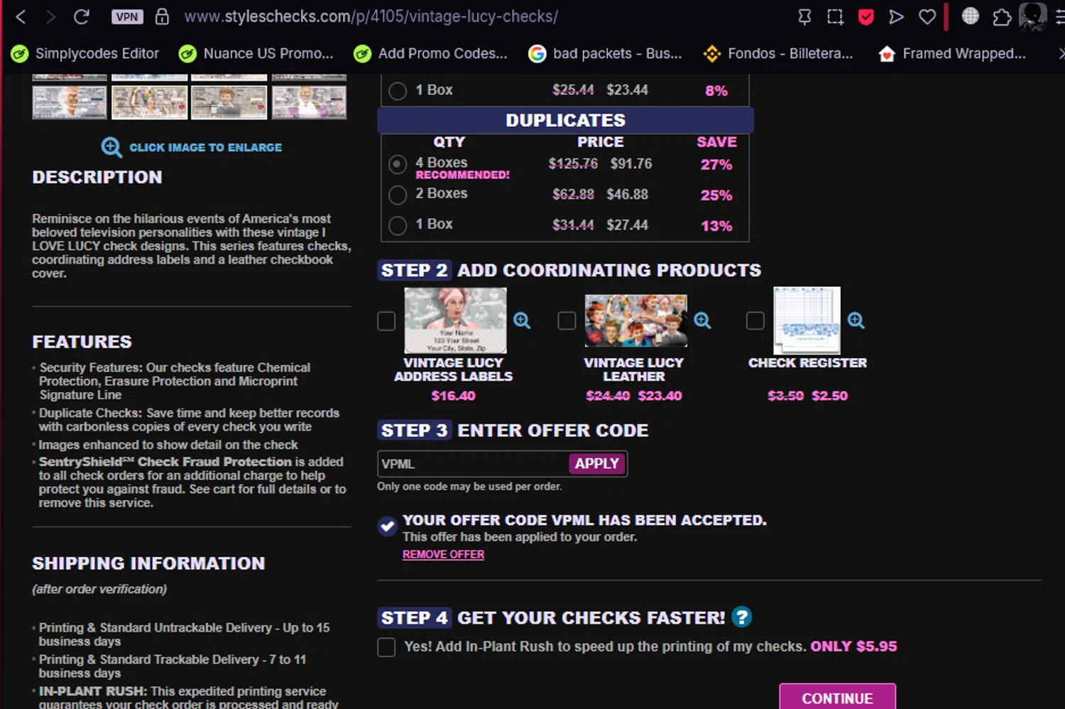 Styles Check Company promo code screenshot showing code VPML applied at Styles Check Company checkout page. Uploaded by SimplyCodes community member idkxxx on Jun 20, 2025