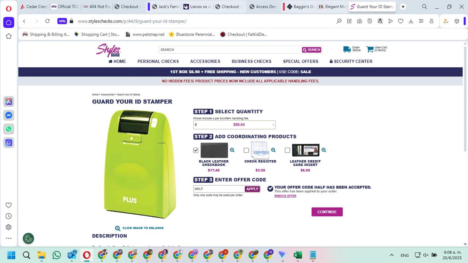 Styles Check Company promo code screenshot showing code HALF applied at Styles Check Company checkout page. Uploaded by SimplyCodes community member DavidMGF on Jun 20, 2025